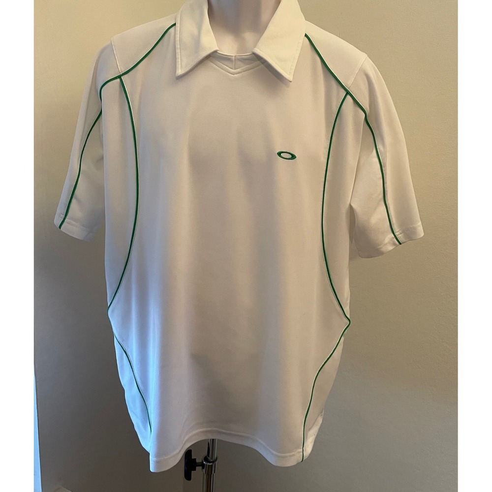 Vintage Oakley Mens White Green‎ Piping Short Sleeve Polo Shirt  CA35460 Large